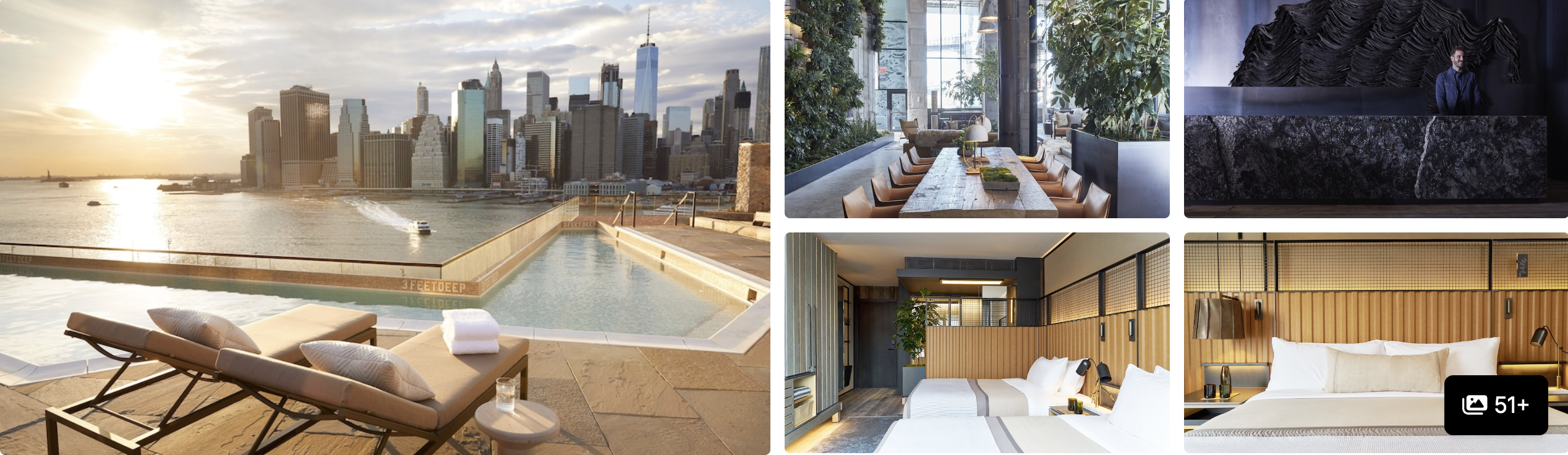 Photos of a Brooklyn waterfront hotel near Barclays Center: rooftop pool with Manhattan skyline, plant-lined dining hall and guest room