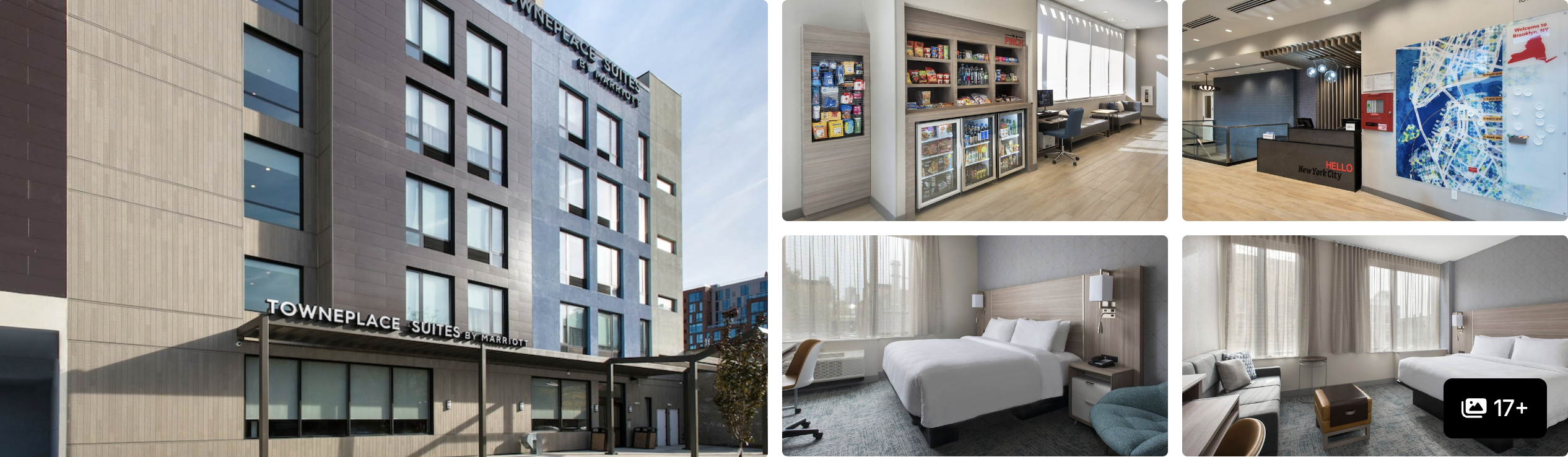Photos of TownePlace Suites Brooklyn: modern exterior facade, suite kitchen and pantry, lobby with city map and guest rooms