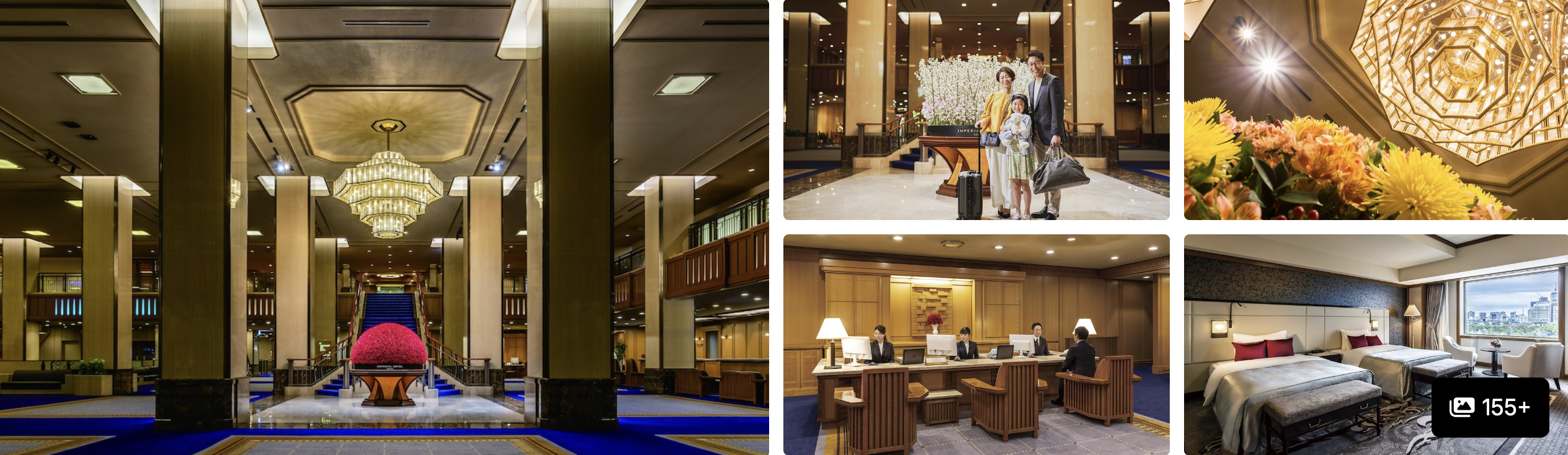 Photos of The Peninsula Tokyo: grand chandelier lobby, guests in kimono, lounge seating and guest room with city view