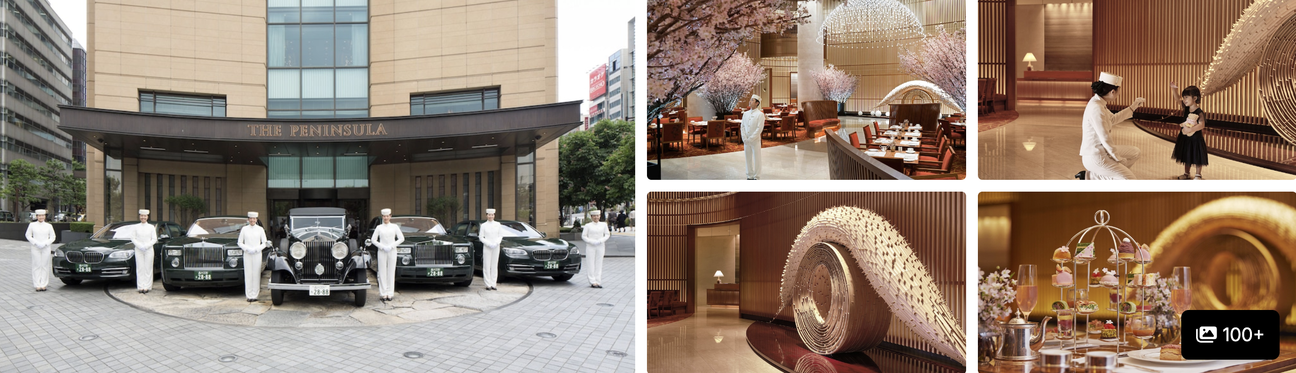 Photos of The Peninsula Tokyo: grand entrance with luxury cars and bellmen, lobby with cherry blossoms and afternoon tea
