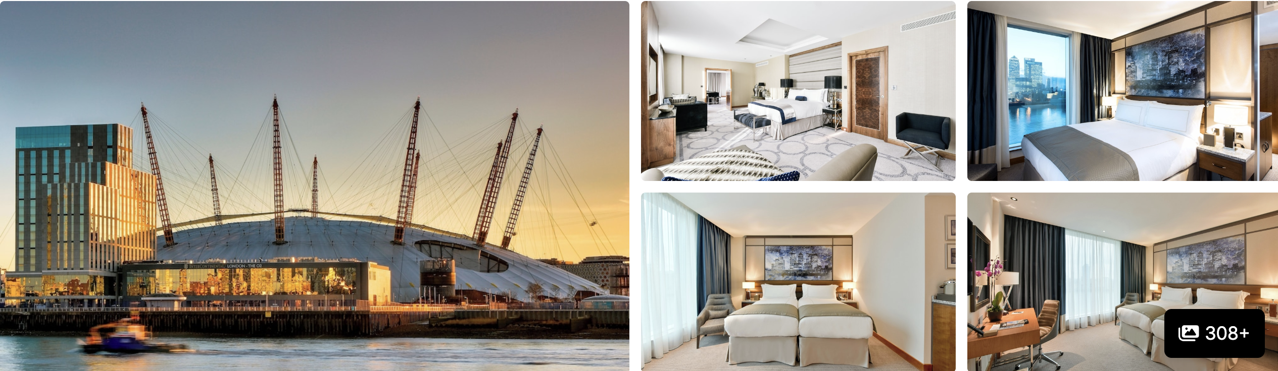 Photos of walkable sustainable hotels near The O2, London: poolside palms with skyline, reception and guest rooms