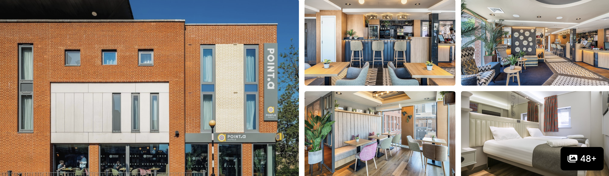 Photos of budget hotels near The O2, London: greenery-lined bar with stools, reception desks and lounge seating