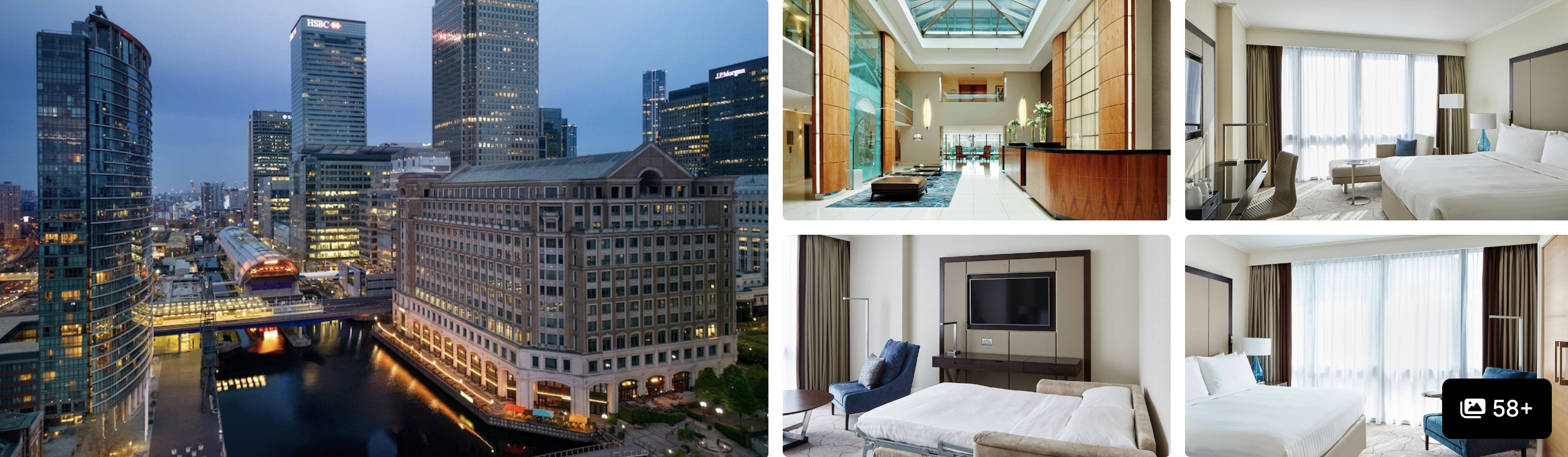 Photos of Novotel London Canary Wharf: lounge with floor-to-ceiling city views, staircase, work desk and guest room