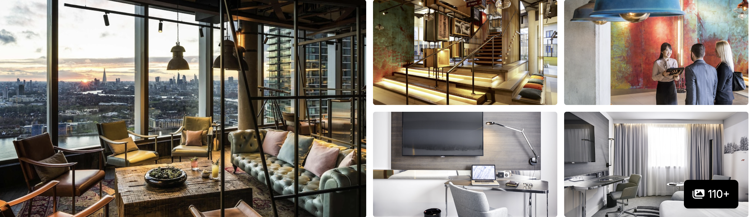 Photos of Canary Wharf hotels near The O2: industrial-style RED Radisson lounge, lobby and reception areas