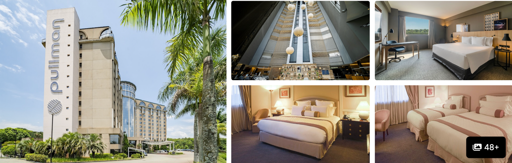 Pullman hotel near Guarulhos Airport: tower exterior with palm trees, chandelier atrium and guest rooms with twin and double beds