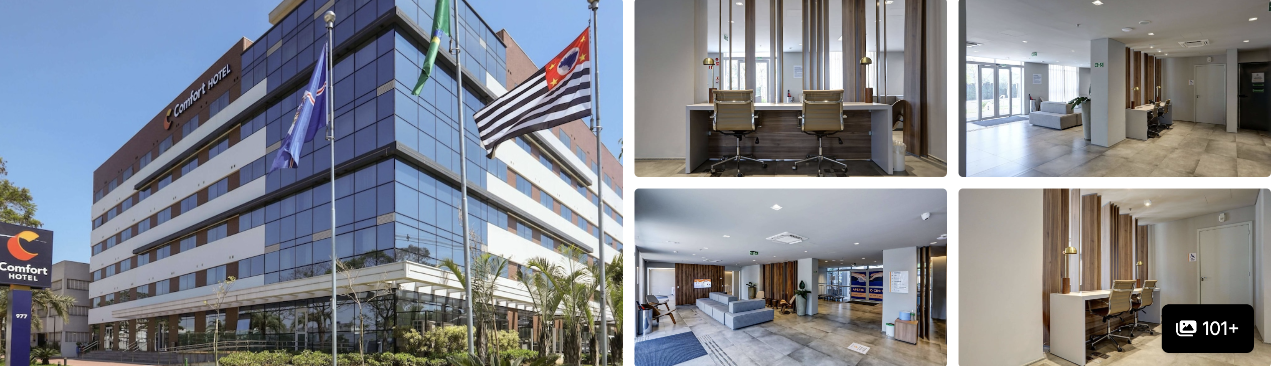 Hampton by Hilton Guarulhos Airport: facade with red signage and stairwell, modern lobby lounge and patterned corridors
