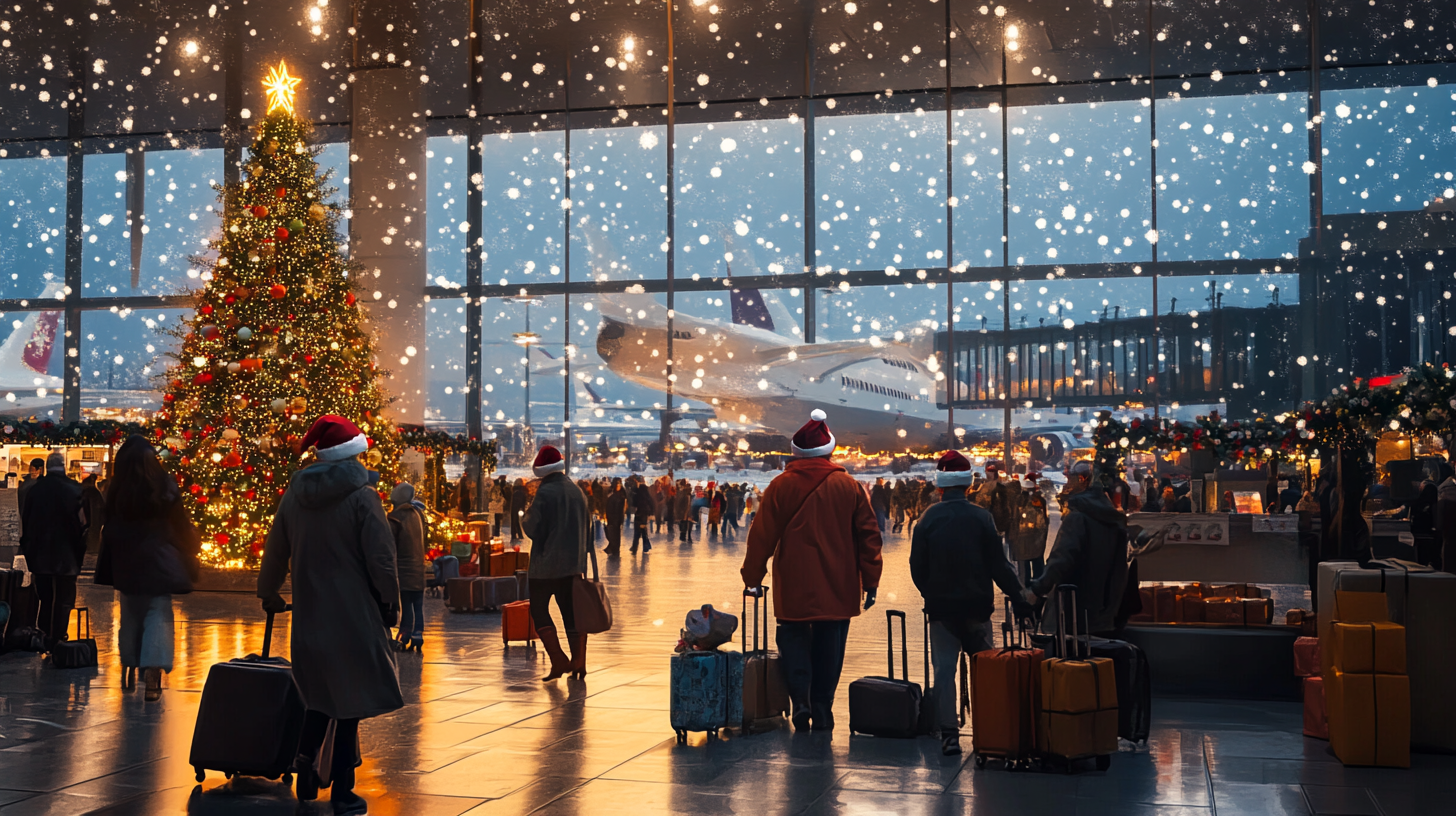Travelers with luggage in an airport terminal at Christmas with a lit tree and plane outside the window