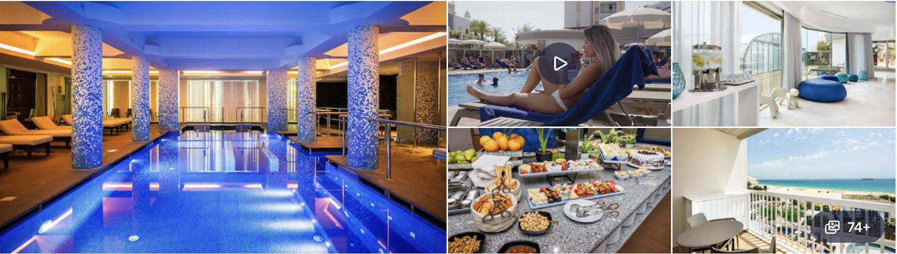 Photos of an Algarve, Portugal resort: indoor pool, rooftop terrace, breakfast spread and sea-view room