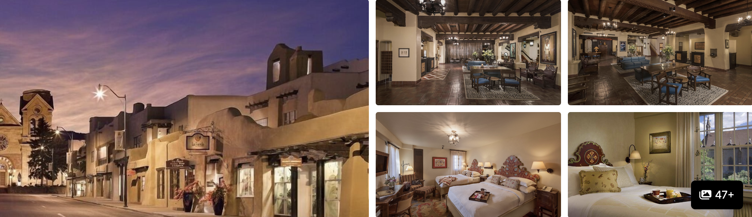 Photos of Santa Fe, New Mexico: adobe streetscape at dusk, beamed interiors and Southwestern guest rooms