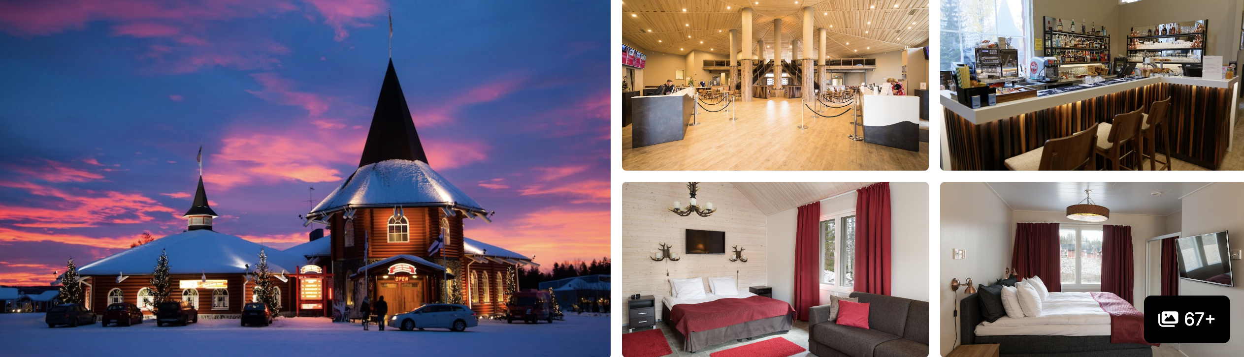Photos of Rovaniemi, Lapland, Finland: snowy log lodge at dusk, lounge, dining area and guest rooms