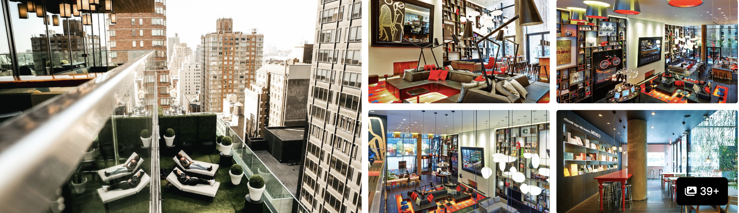 Photos of a city hotel near the airport: skyline balcony view, eclectic lounge and lobby seating