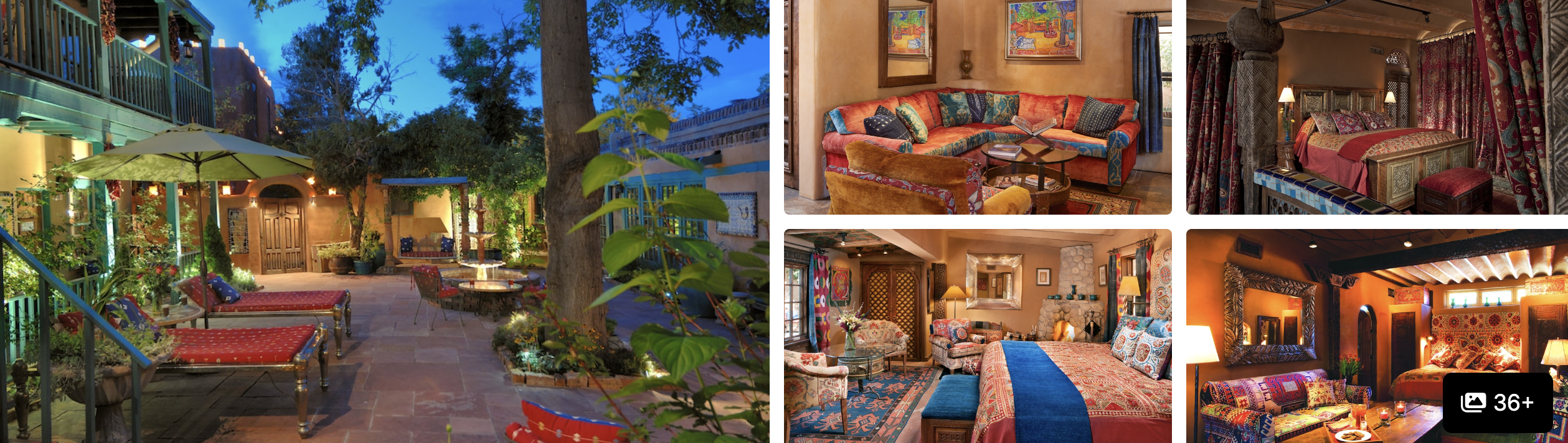Photos of La Fonda on the Plaza, Santa Fe: lush courtyard, decorated lounge, lobby and guest room