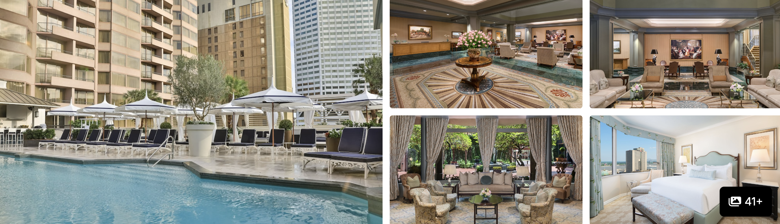 Photos of a CBD and Warehouse District hotel in New Orleans: poolside loungers, lobby, lounge seating and a guest room