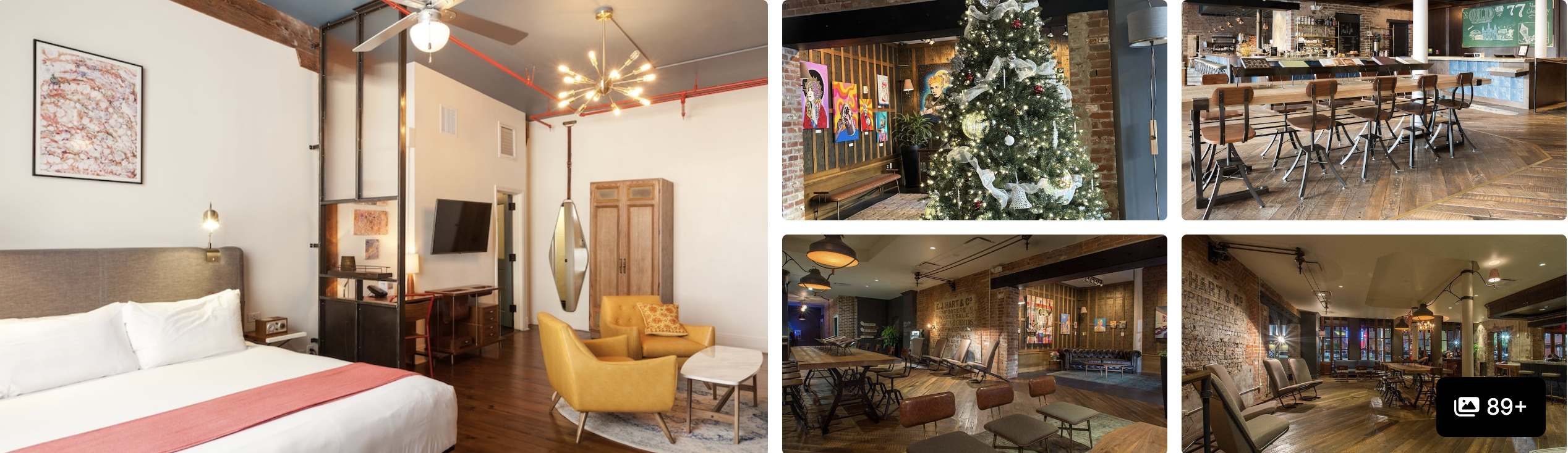 Photos of Virgin Hotels New Orleans: guest room with armchair, holiday-decorated lobby and stone-walled lounges