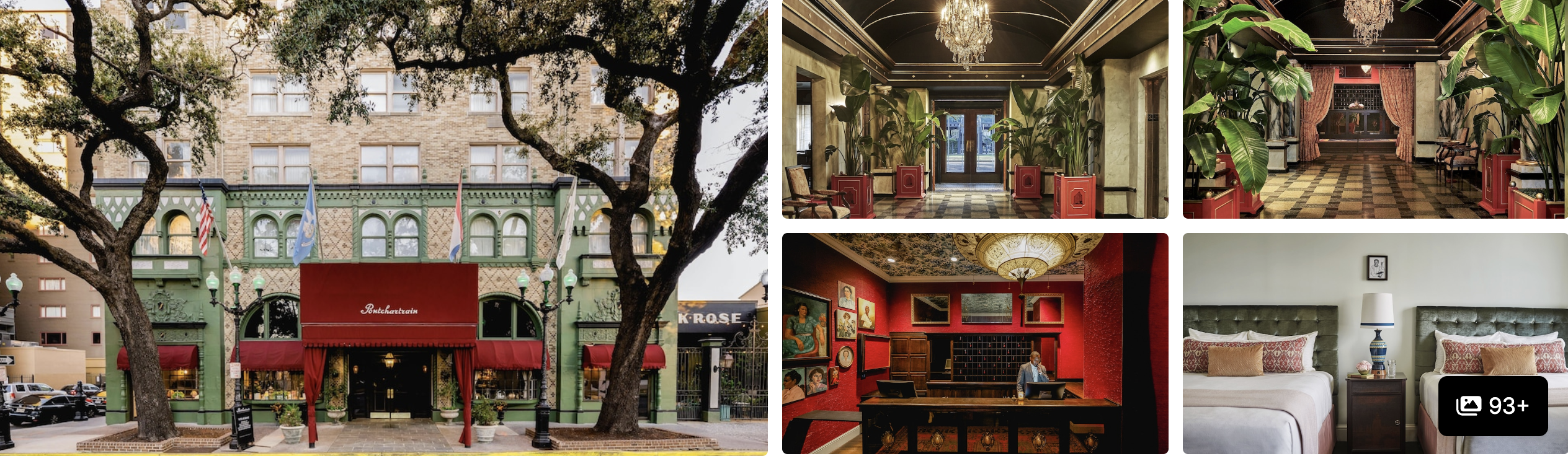 Photos of a New Orleans hotel on the St Charles parade route: brick facade under oak trees, ornate lobby lounges and guest room