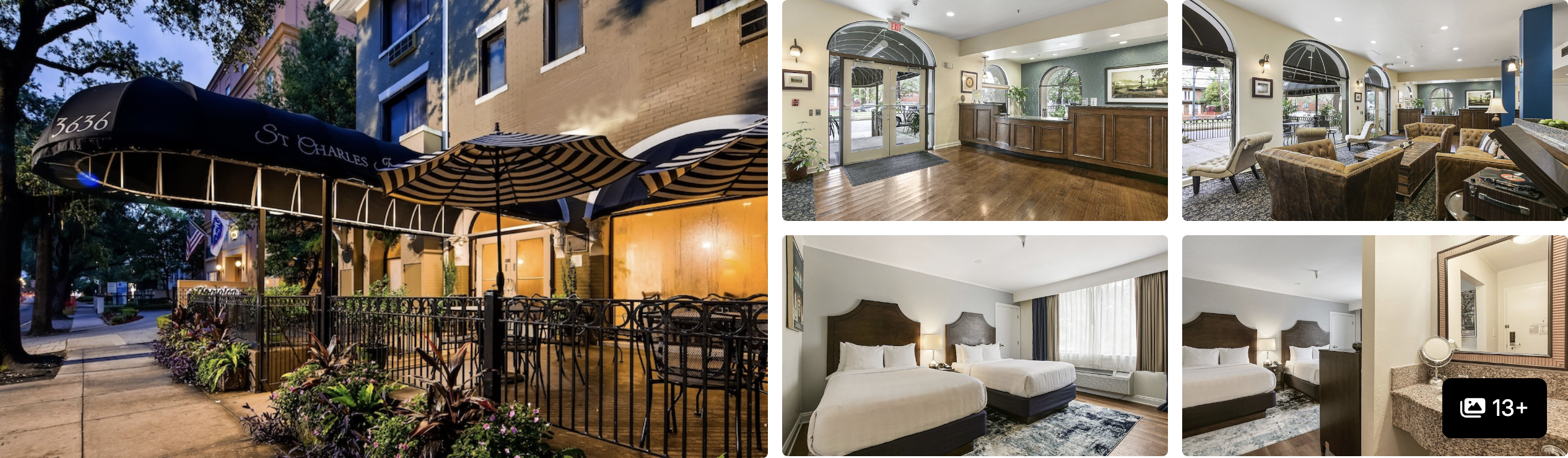 Photos of The Chloe, New Orleans: striped-awning exterior with patio, reception, lobby lounge and double-bed guest room