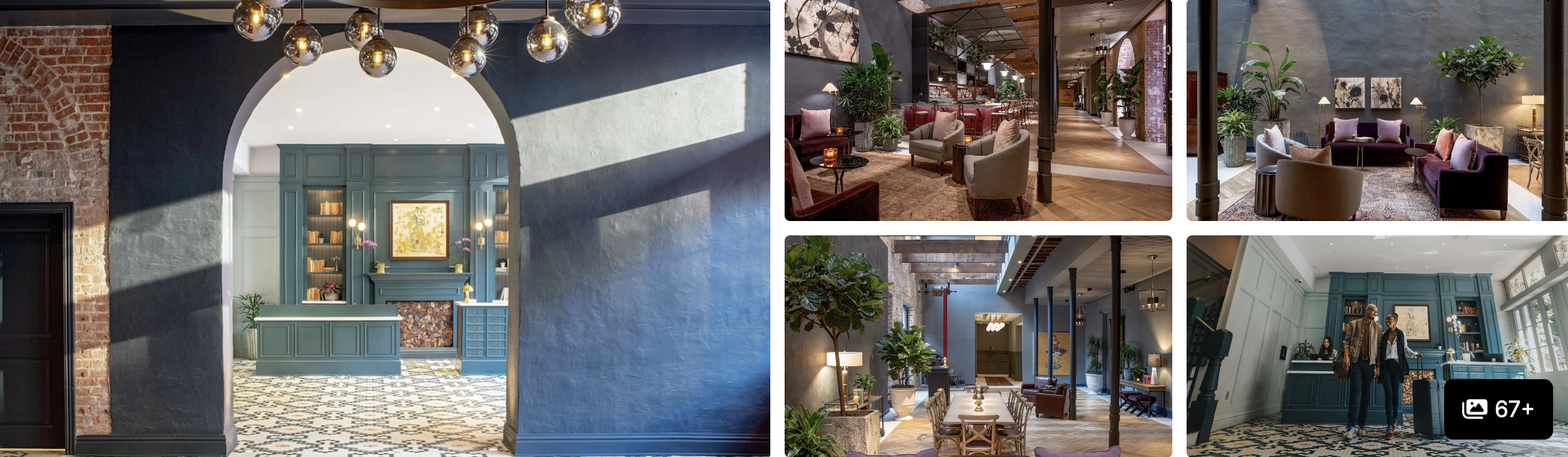 Photos of The Old 77 Hotel and Chandlery, New Orleans: arched lobby with patterned tile floor and brick lounges