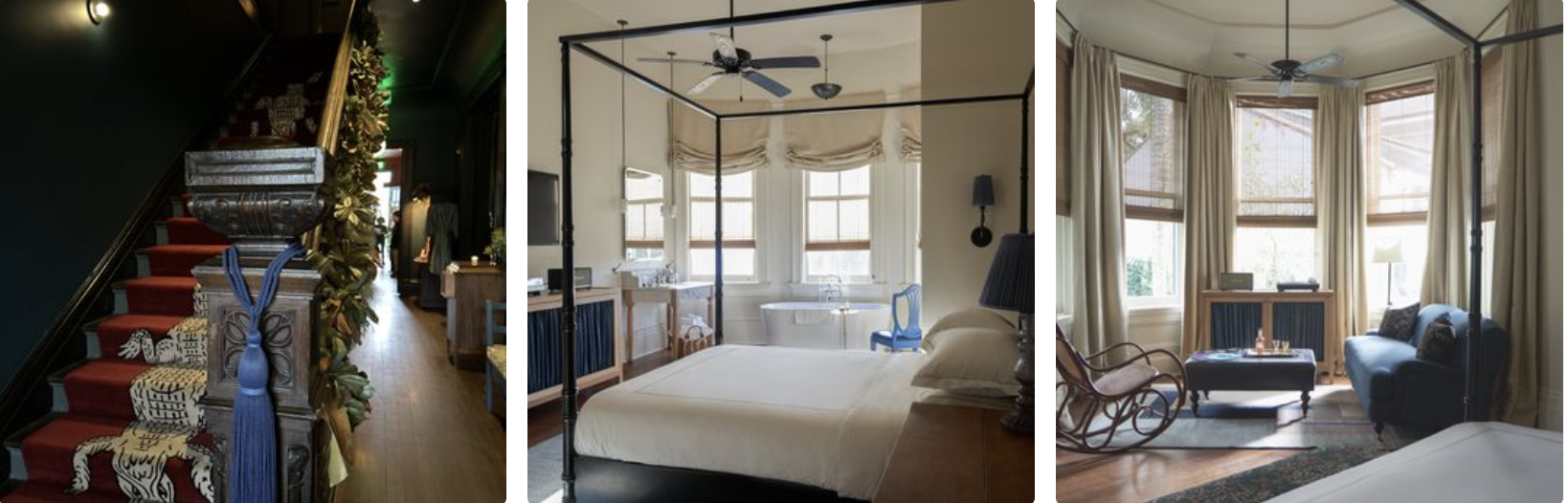 Photos of The Pontchartrain Hotel, New Orleans: decorated staircase, canopy bed in a bright room and bay-window sitting area