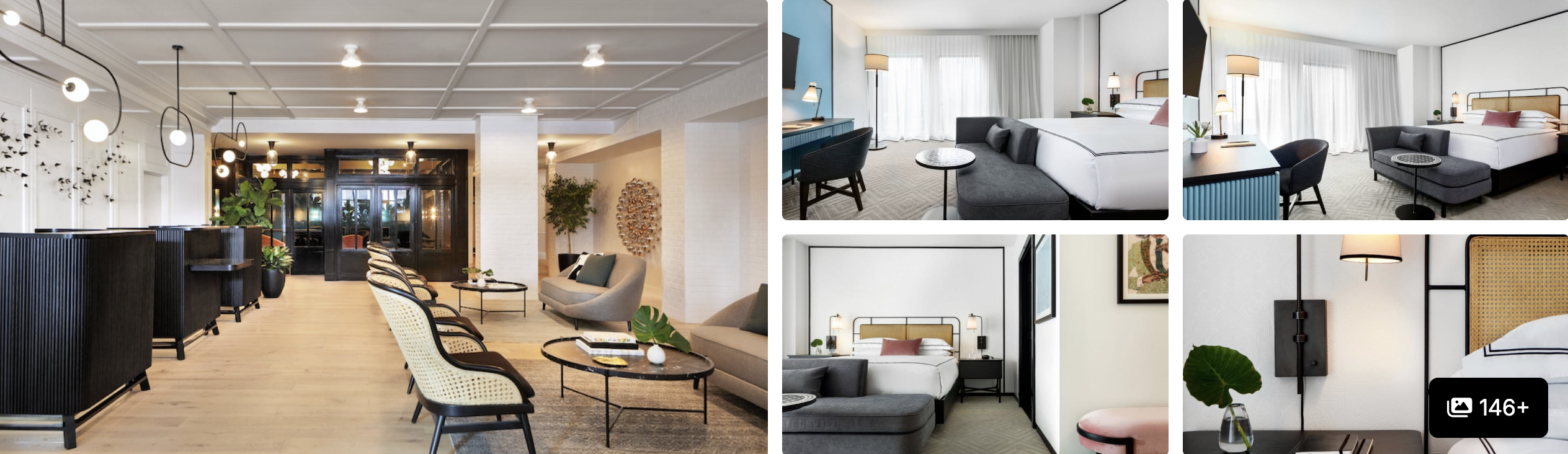 Photos of The Barnett, New Orleans: open lobby lounge, modern guest rooms and seating areas