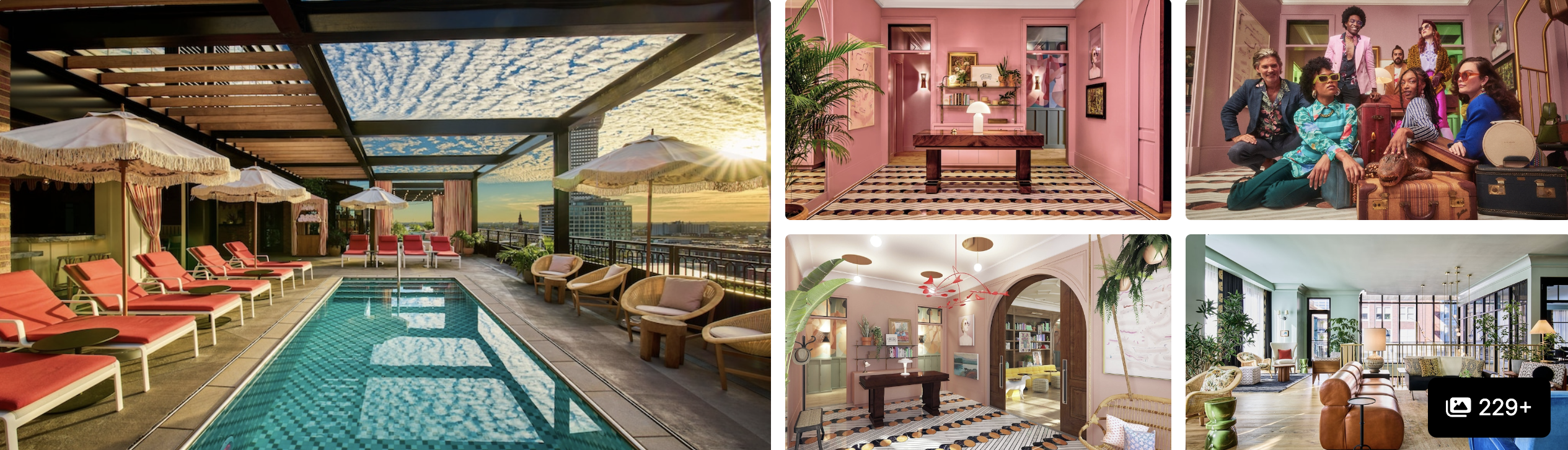 Photos of Kimpton Hotel Fontenot, New Orleans: rooftop pool deck, pink-toned bar, lobby and guests