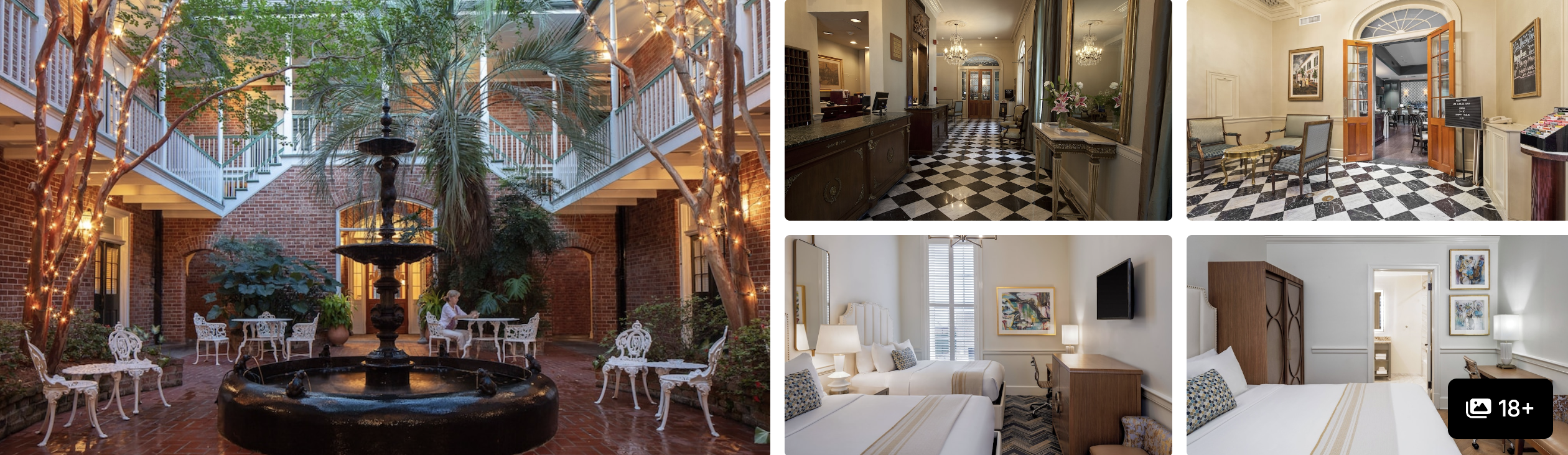 Photos of Bienville House, New Orleans: courtyard fountain, checkered-tile hallway and guest rooms