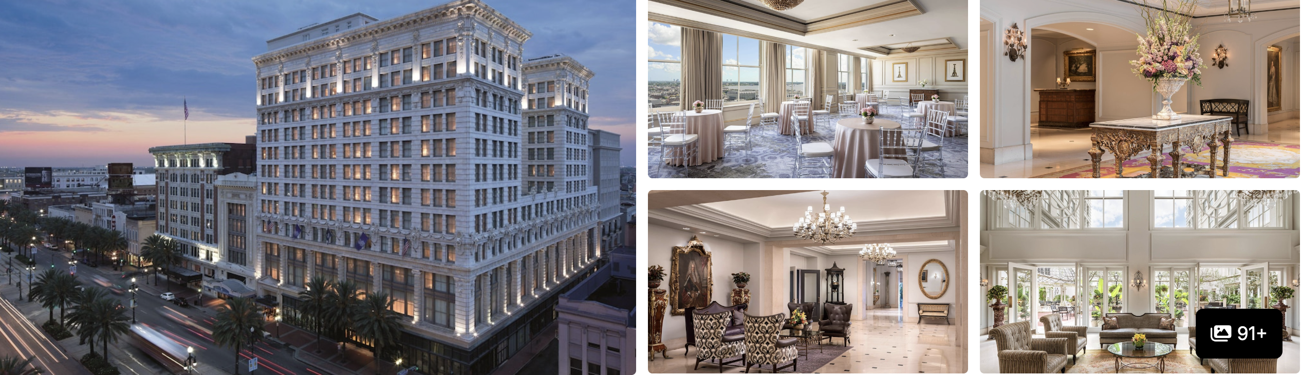 Photos of a New Orleans hotel near Canal Street and the French Quarter: floodlit facade at dusk, ballrooms and elegant lounges