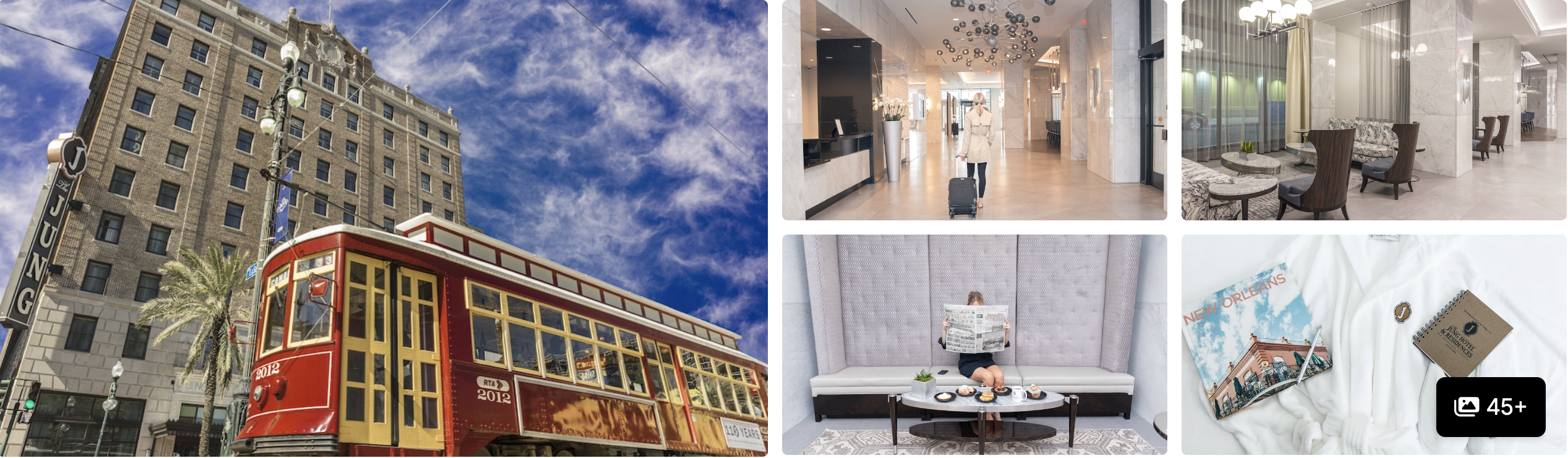 Photos of The Ritz-Carlton, New Orleans: vintage streetcar passing the facade, bright lobby and spa details