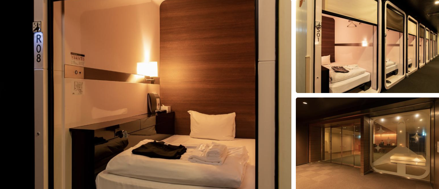 Haneda Excel Hotel Tokyu: Terminal 2 exterior at dusk, art-lined corridor, lobby lounge and twin guest room