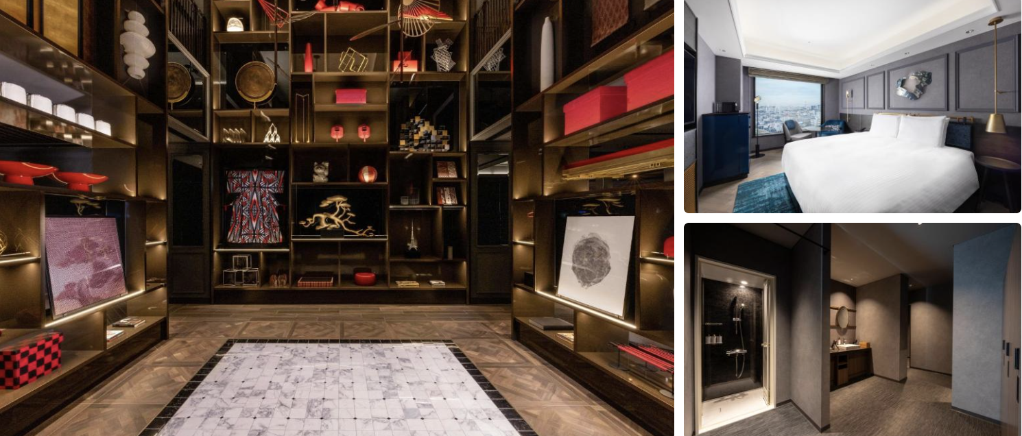 Hotel JAL City Haneda Tokyo: entrance facade at night, decor details, shelving display and accent cushion
