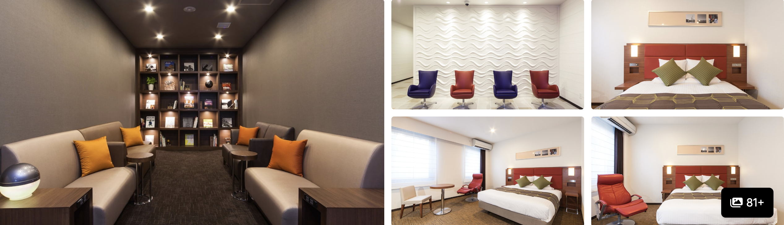 Budget Tokyo airport hotel: communal lounge with long table, dark-toned lobby and twin guest rooms