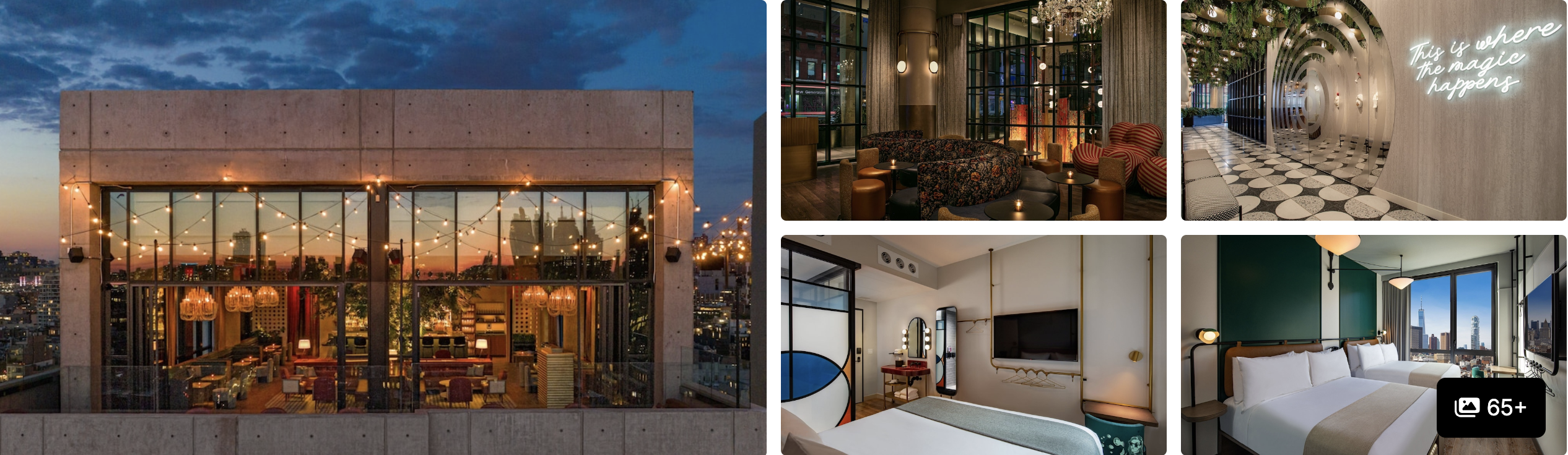 Photos of Moxy NYC Lower East Side: dusk rooftop bar with city view, stylish lounges and modern guest rooms