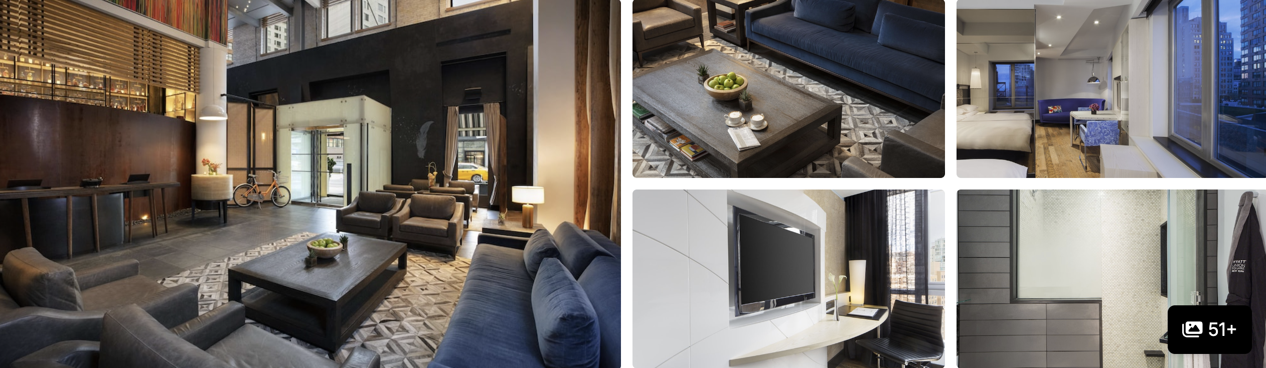 Photos of Hyatt Union Square New York: double-height lobby lounge, suite living room and guest room with city view