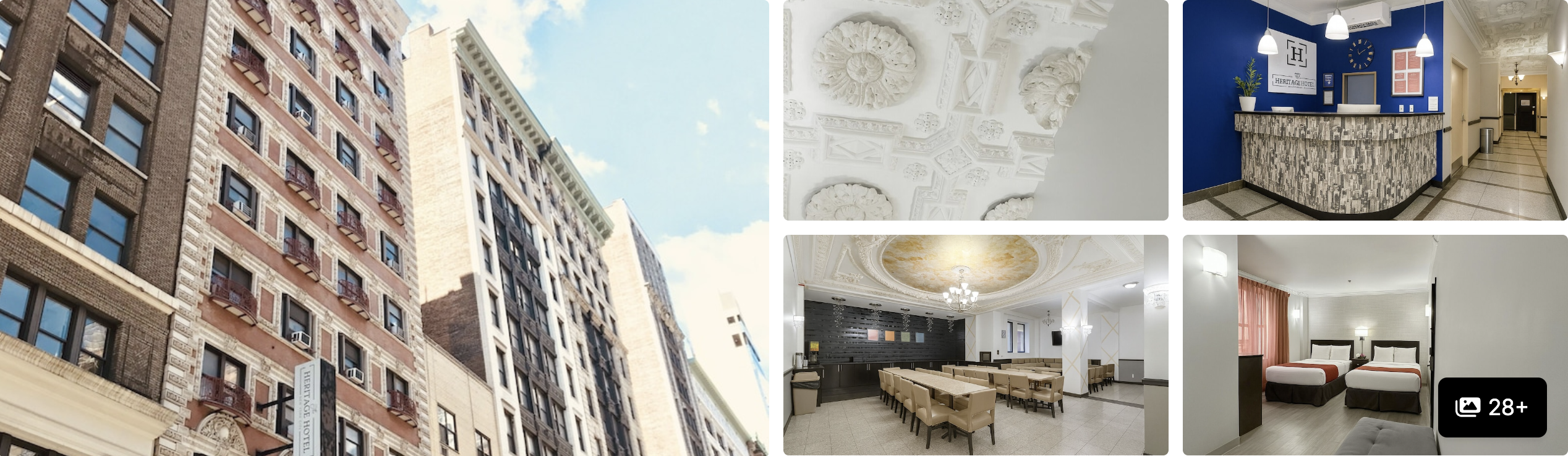 Photos of Heritage Hotel New York: brick building exterior, decorative ceiling, reception lobby and guest room