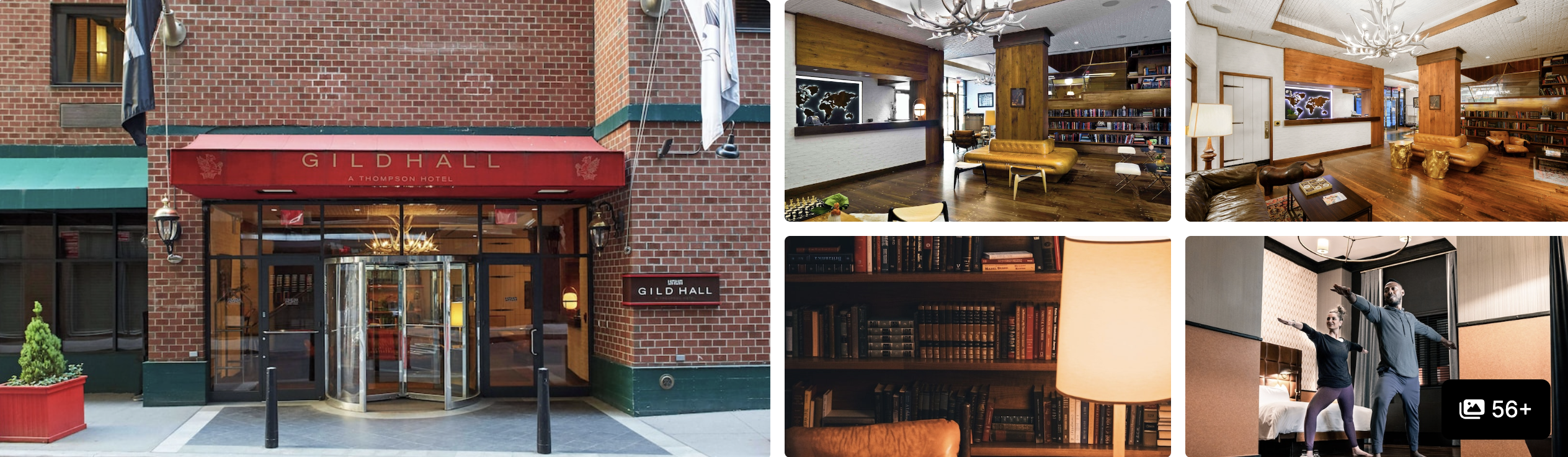Photos of Gild Hall, a Thompson Hotel: red-awning entrance, library lounge with leather chairs and fitness area