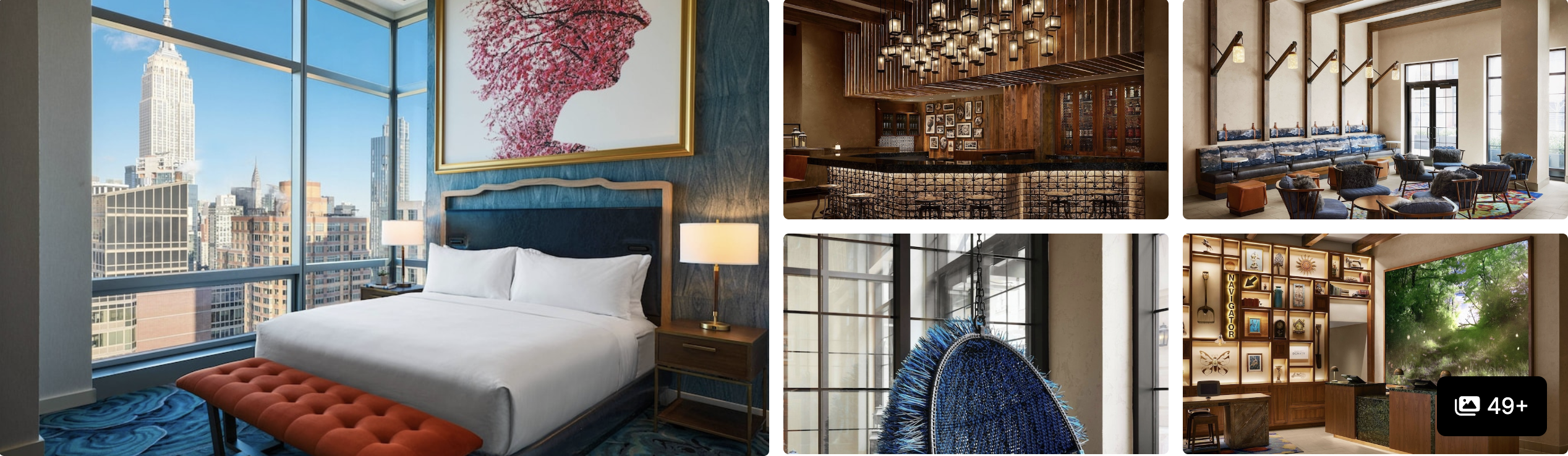 Photos of Renaissance New York Chelsea Hotel: guest room with skyline view and artwork, wood bar and lounges
