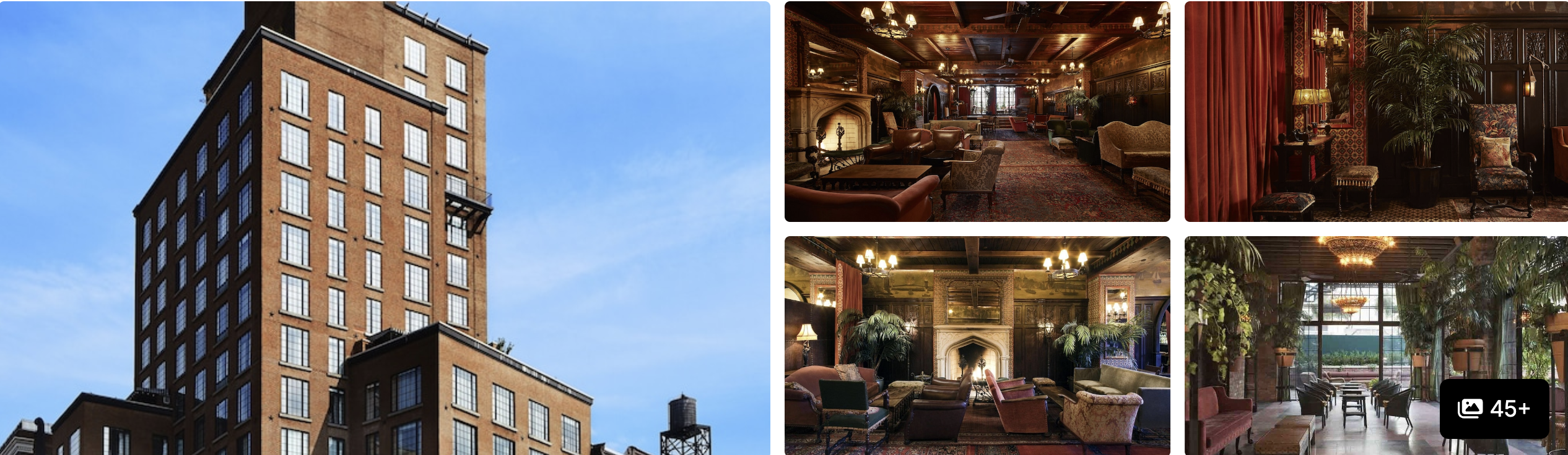 Photos of The Bowery Hotel, New York: brick tower exterior and opulent lounges with fireplaces and plush seating