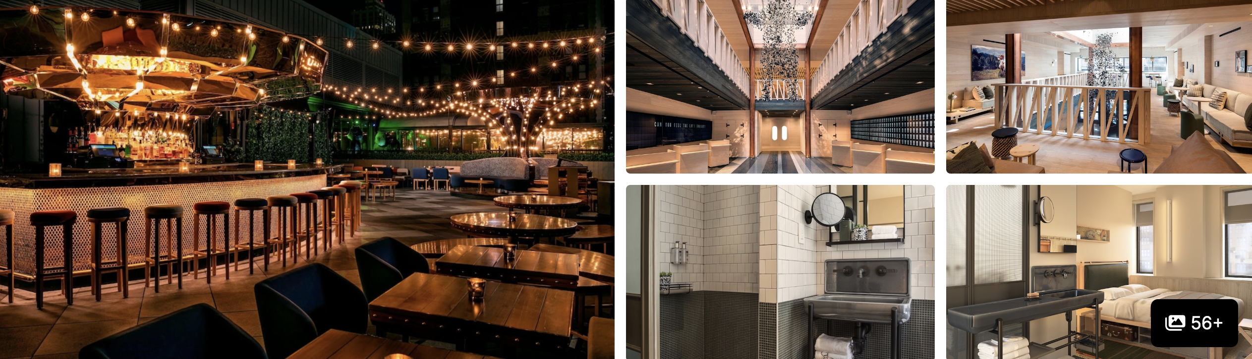 Photos of Moxy NYC Times Square: string-lit rooftop bar, indoor pool, mezzanine lounge and tiled bathroom