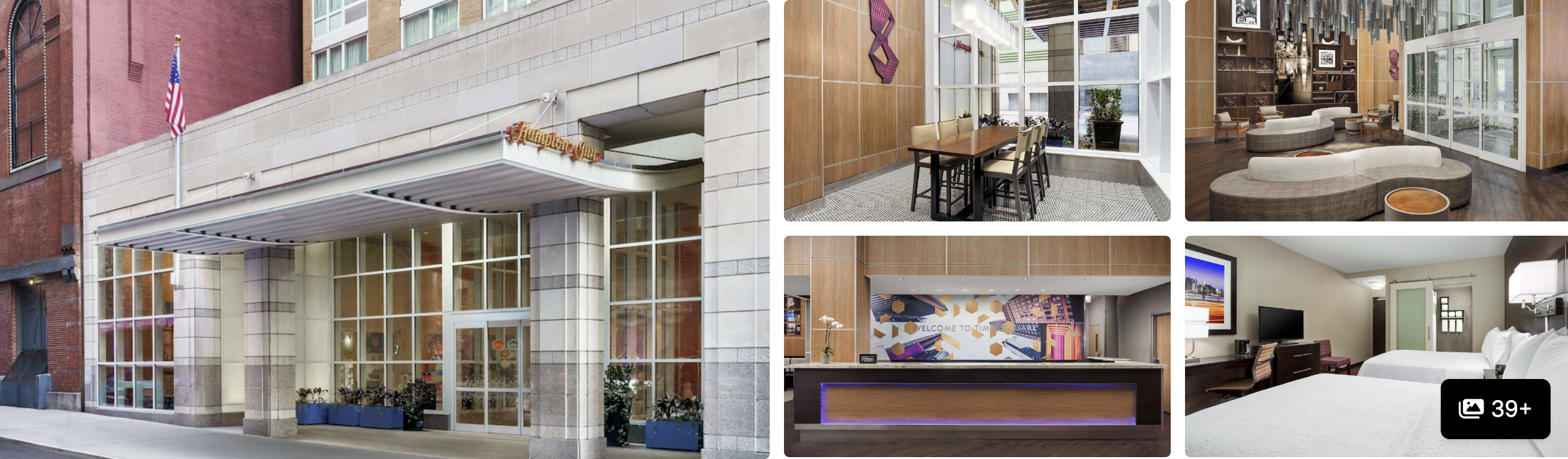Photos of Hampton Inn Manhattan Times Square Central: stone facade entrance, dining area, reception and guest room