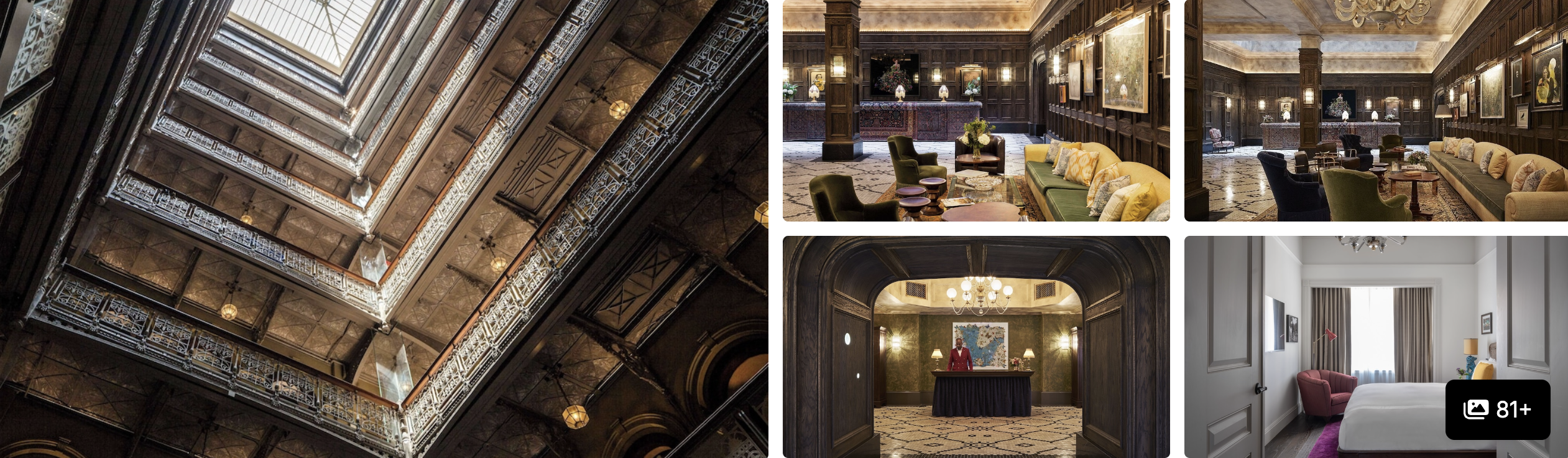 Photos of The Beekman, a Thompson Hotel: ornate nine-story skylight atrium, plush lounges and reception