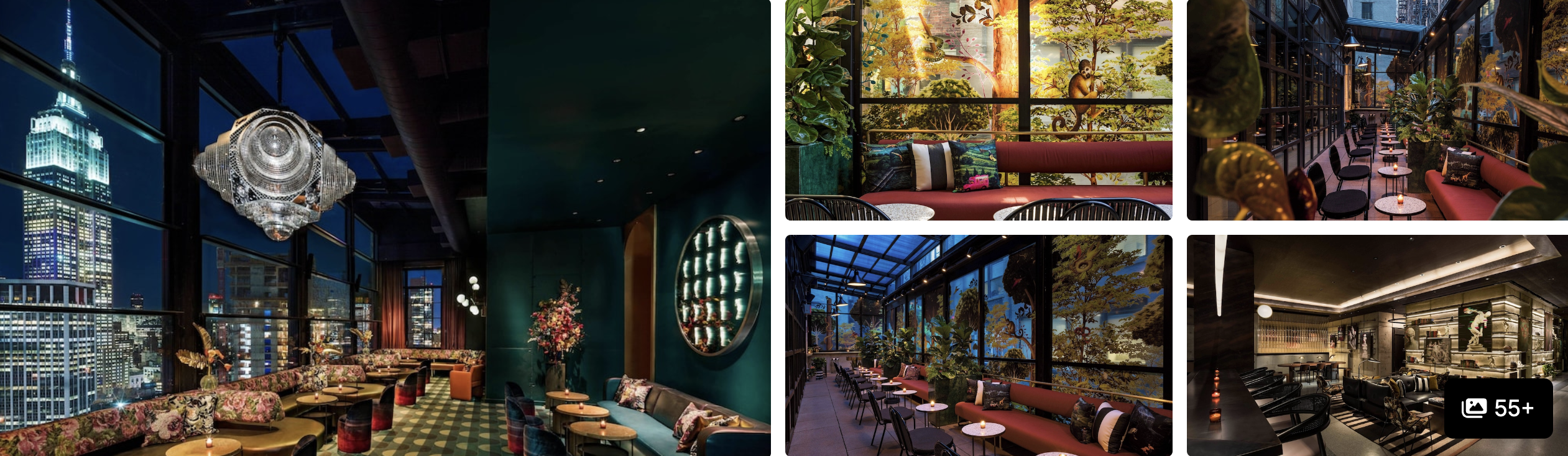 Photos of Moxy NYC Chelsea: rooftop bar with Empire State Building view, lush greenhouse dining and lounge