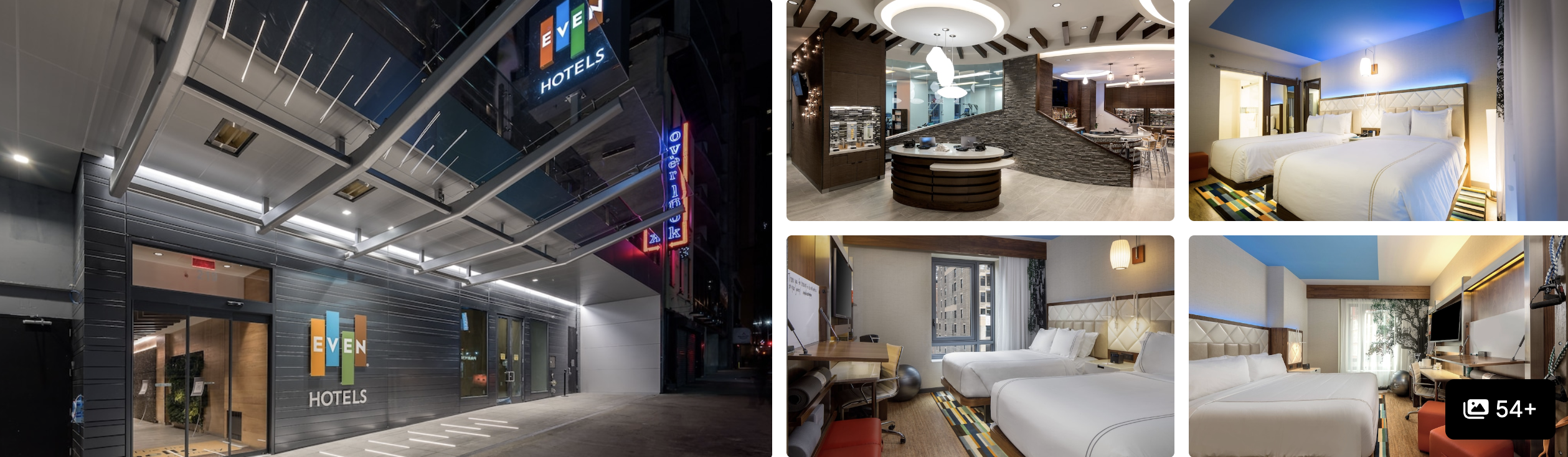 Photos of EVEN Hotel New York Midtown East: glass entrance, circular reception lobby and modern guest rooms