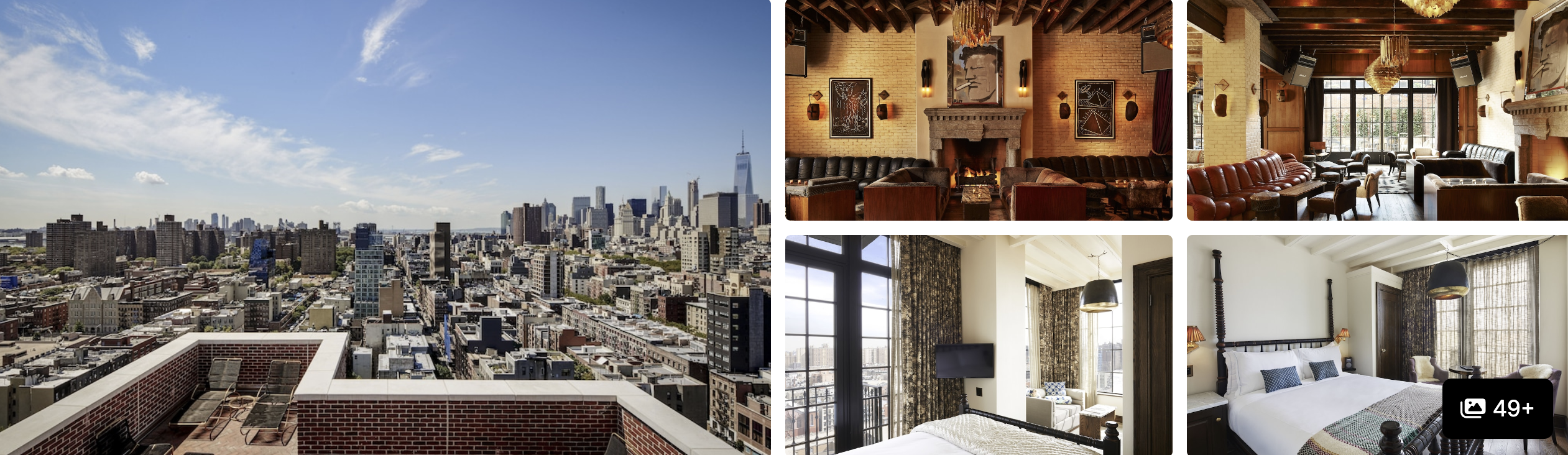 Photos of The Ludlow Hotel, New York: rooftop city panorama, fireplace lounge and rustic guest rooms