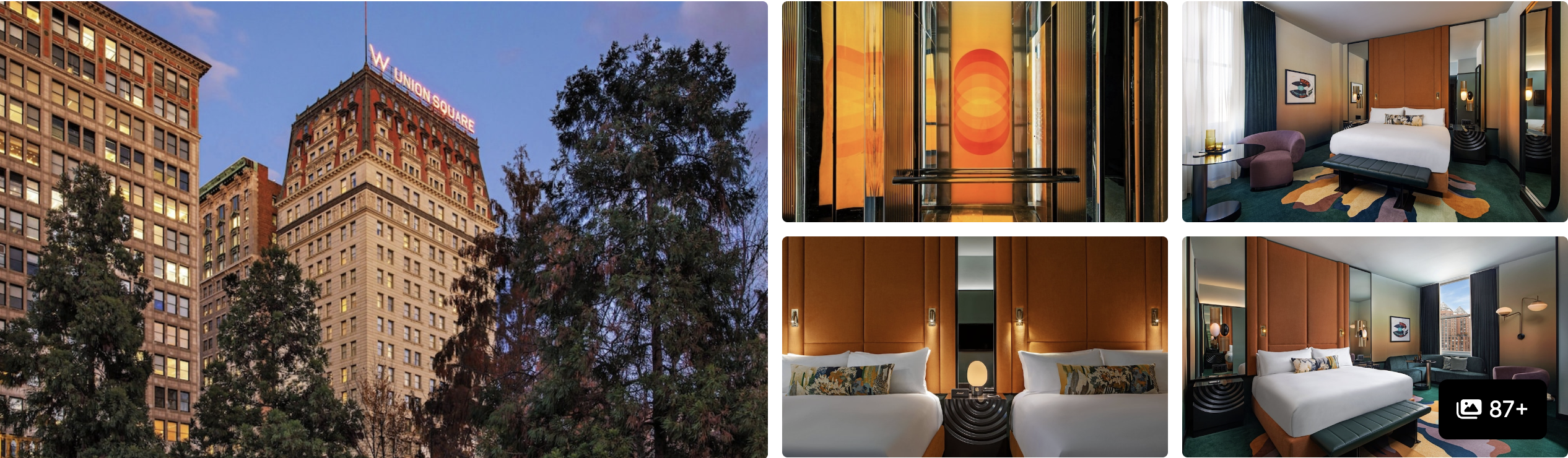 Photos of W New York Union Square: historic landmark tower at dusk, dramatic lobby and contemporary guest rooms