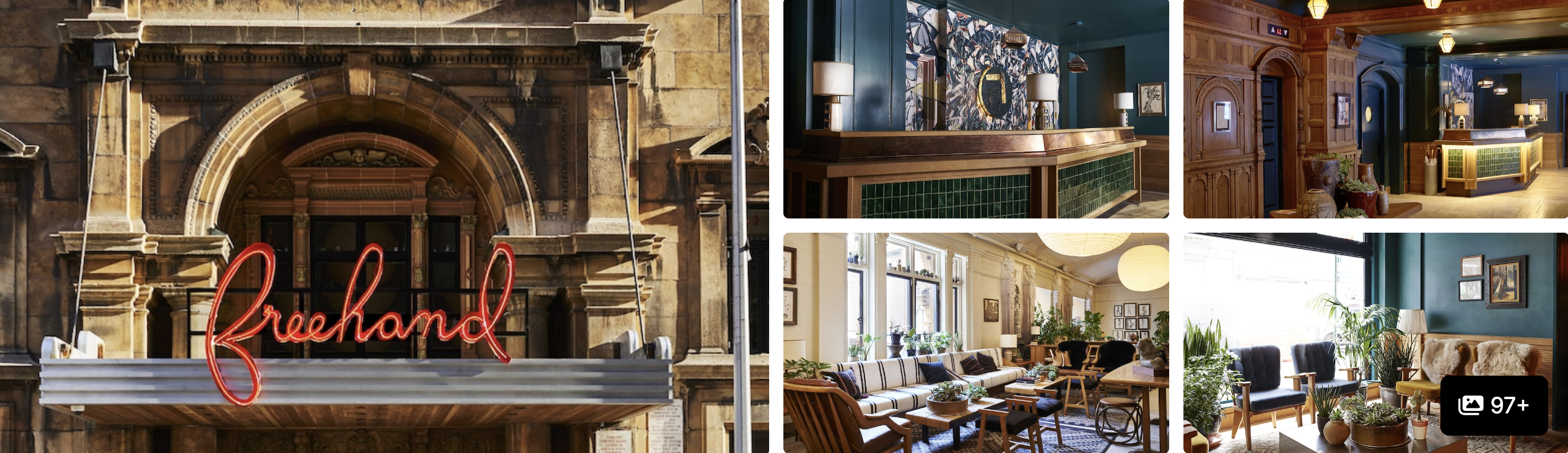 Photos of Freehand New York: arched stone entrance with neon sign, green-tiled bar and vintage-style lounges