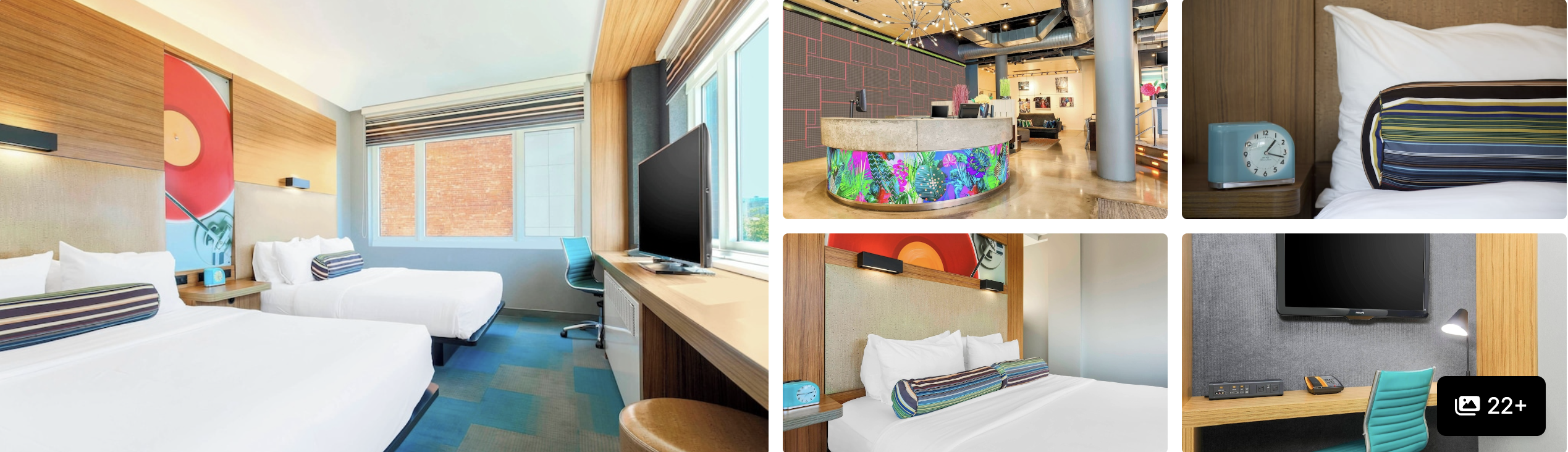 Photos of Aloft Harlem, New York: colorful double-bed guest rooms, bright lobby and a desk workspace