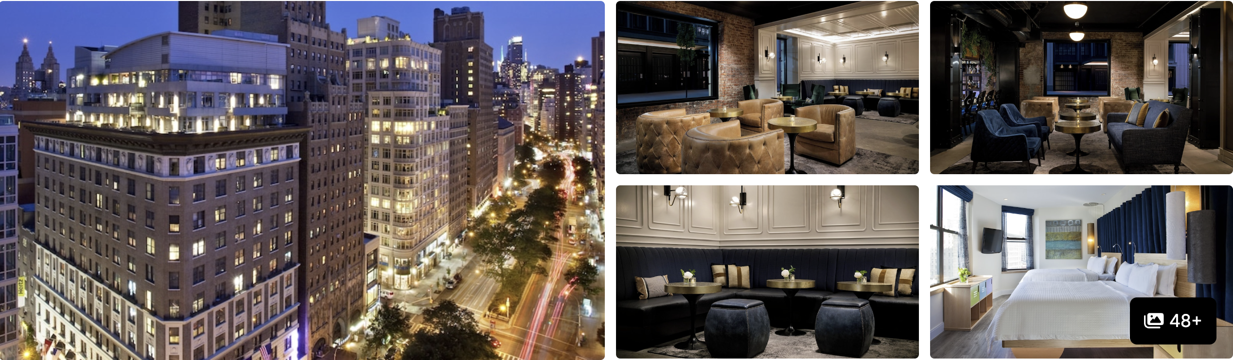 Photos of Arthouse Hotel New York City: illuminated avenue exterior at night, dark lounges and guest room