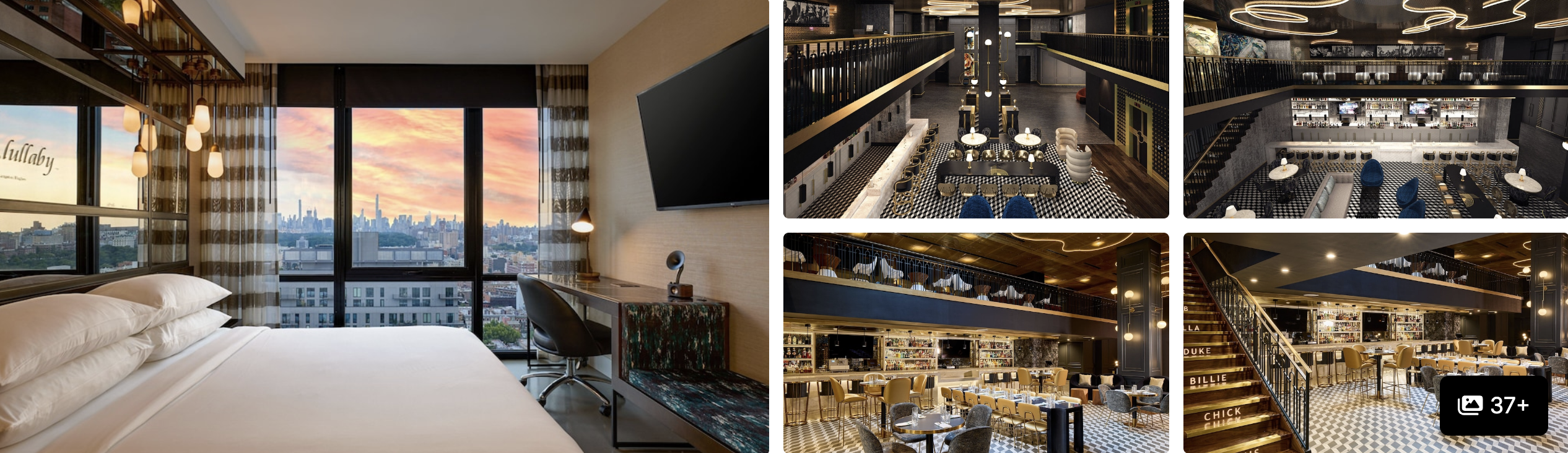 Photos of Renaissance New York Harlem Hotel: guest room with skyline sunset view, restaurant and library lounge spaces