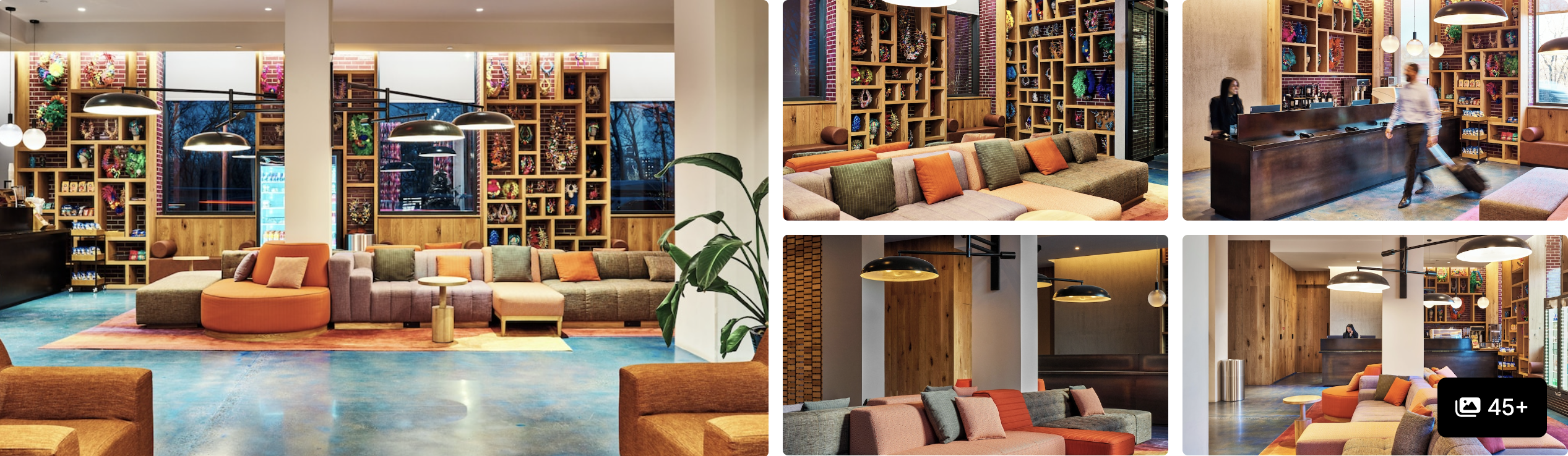 Photos of Radio Hotel, New York: book-lined lounge with orange sofas, reception desk and corridor seating areas