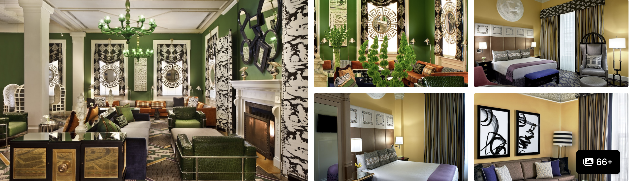 Photos of Kimpton Hotel Monaco Washington DC: green-walled lobby, bold patterned decor and guest rooms