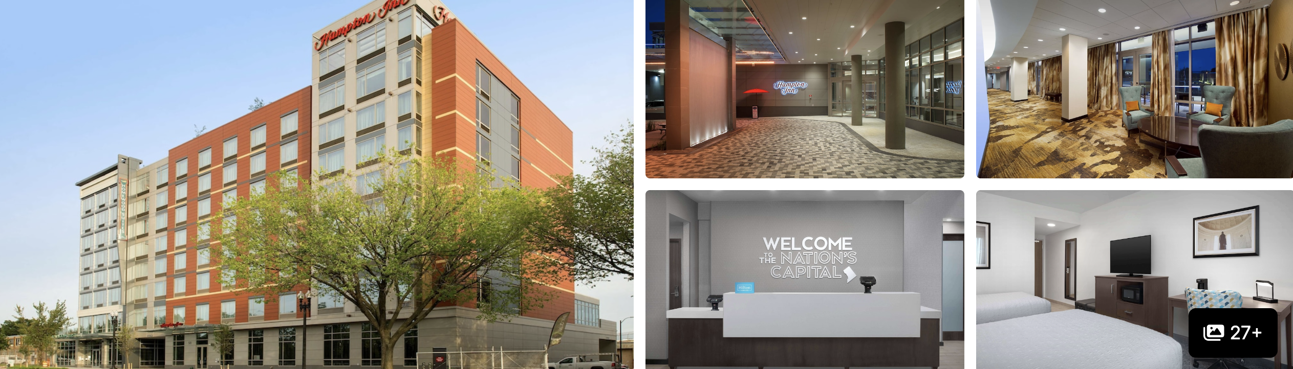 Photos of Hampton Inn Washington DC NoMa Union Station: brick exterior, lobby, welcome desk and guest room